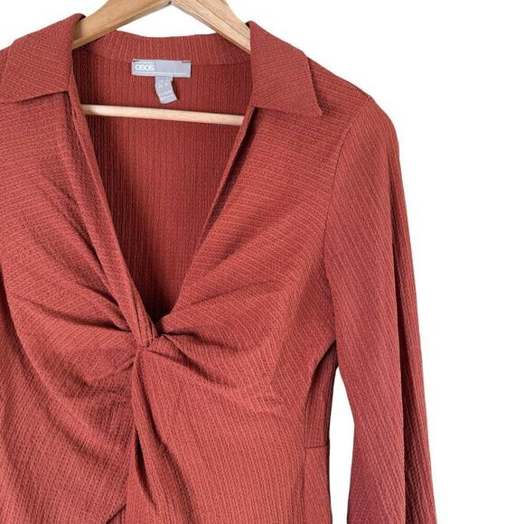 ASOS DESIGN V-Neck Twist Front Long Sleeve Midi Dress in Rust, Size 8 - Picture 4 of 10